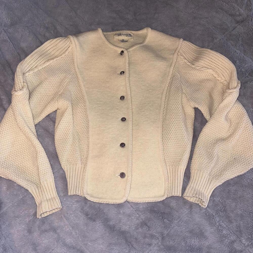 Vintage Deans of Scotland Cream Wool Button-Up Cardigan Cottage Fairy Whimsy 50s